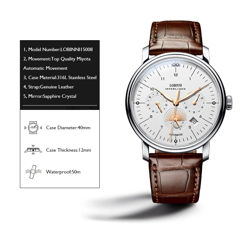 LOBINNI Men Automatic Watch Top Luxury Brand Men Watches Dress Mechanical Wristwatch Fashion Sapphire Crystal Perpetual Calendar