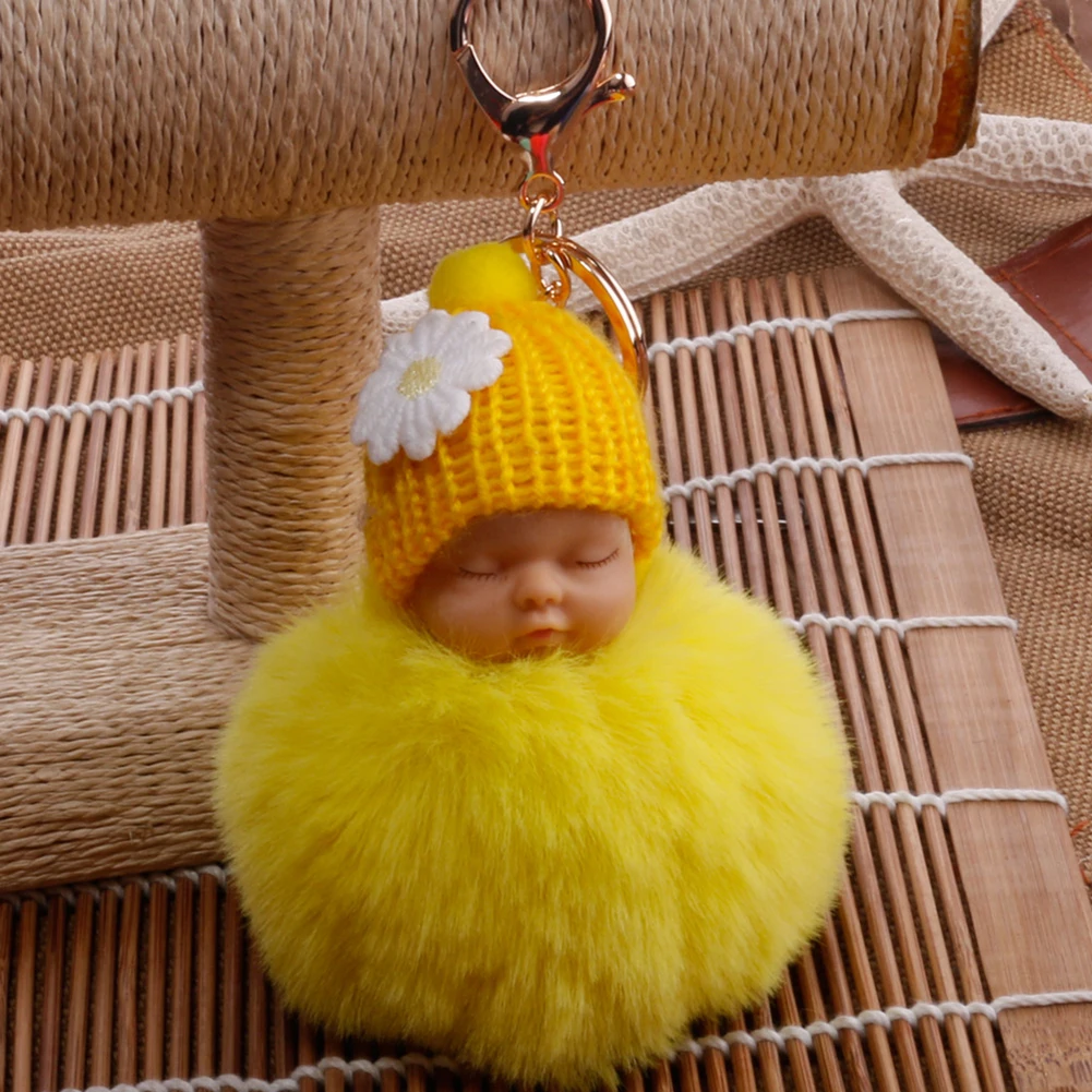 Sleeping Baby Fluffy Pompom Plush Doll Hanging Pendant Key Ring Keychain Birthday Gift Wind Chimes Hanging Ornament Decorations