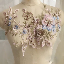 Remendo frisado do bordado da pérola para a roupa do vestido de casamento, Costurar em remendos, Tecidos florais do laço, Applique, Flores 3D