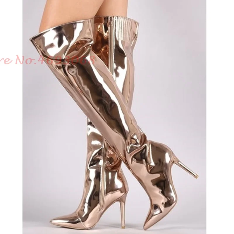 

Patent Leather Over The Knee Boots Funky Thin Heel Side Zipper Women Stretch Pointed Toe Modern Silver Thigh High Boots Women