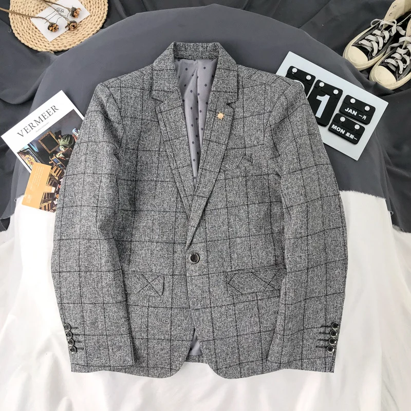 Business Men Casual Plaid Blazer Turn-Down Collar Single Button Slim Fit Suit Jacket Korean Style Fashion Design Autumn Winter