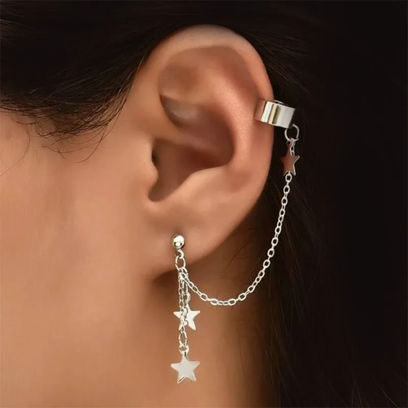 Simple Fashion Long Ear Clips Chain Leaf Piercing Accessories Prom Party Shiny Dangle Designer Earrings Hooping Ear Cuff