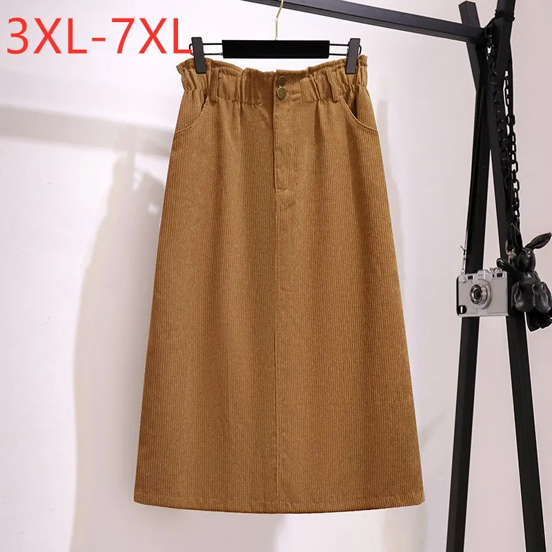 New 2021 Ladies Autumn Winter Plus Size Long Skirt For Women Large A-line Loose Corduroy Brown Skirts 3XL 4XL 5XL 6XL 7XL