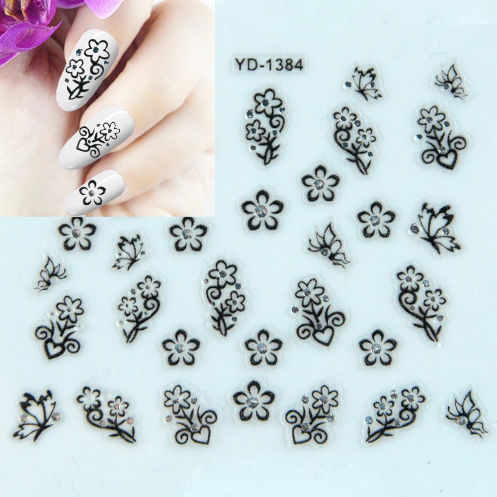 Nail Stickers Sliders For Nails For Manicure Decor Nails Set Nail Design Black Flowers Rhinestone Butterfly Decals Self-adhesive