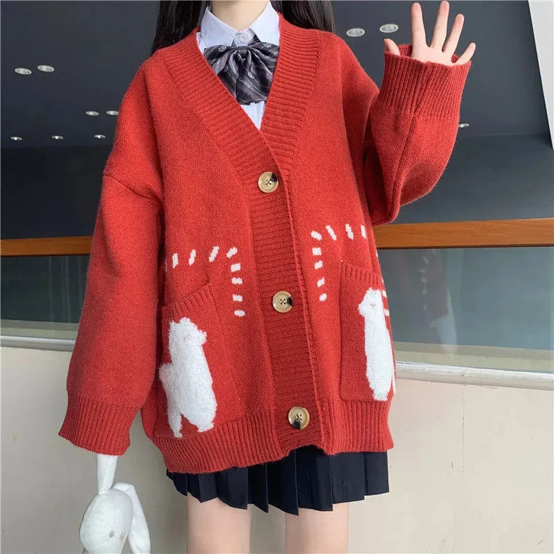 Cute Print Oversized Cardigan Woman Sweater Korean Style Loose Big Pocket Knitted Sweater Autumn Winter V-neck Warm Sweater Coat