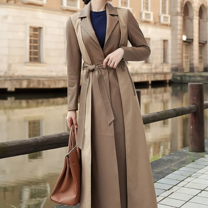 Elegante das mulheres cáqui pele de carneiro trench coat fino ajuste cinto longo real couro jaquetas de luxo moda escritório casaco feminino M-3XL