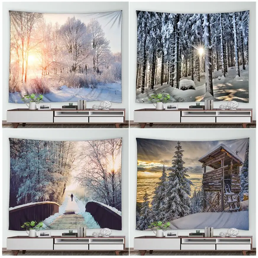 Winter Forest Tapestry Sunshine White Snow Trees Natural Landscape Wall Hanging Retro Wooden Bridge Cedar Home Room Tapestries