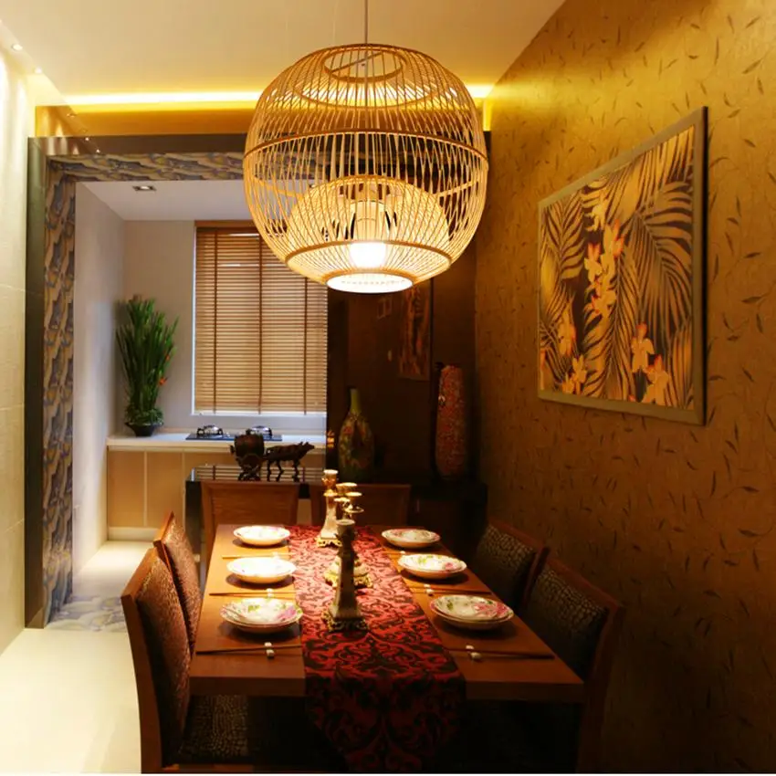 

New Chinese Style Bamboo Wooden Led Pendant Lights Living Room Individual Art Theme Restaurant Hanging Lamp Decor Kitchen Lights