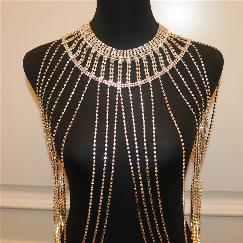 

New Fashion Handmade Bridal Crystal Tassel Body Chain Shoulder Chain Necklace Women's Wedding Rhinestone Jewelry Statement