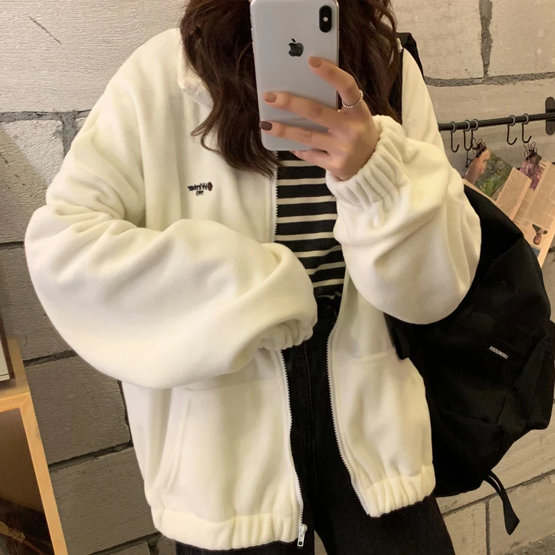 Zip-up Hoodie Women Loose Plus Velvet sweatshirt Pockets Letter Casual Oversized Harajuku Streetwear Womens tops clothes Trendy
