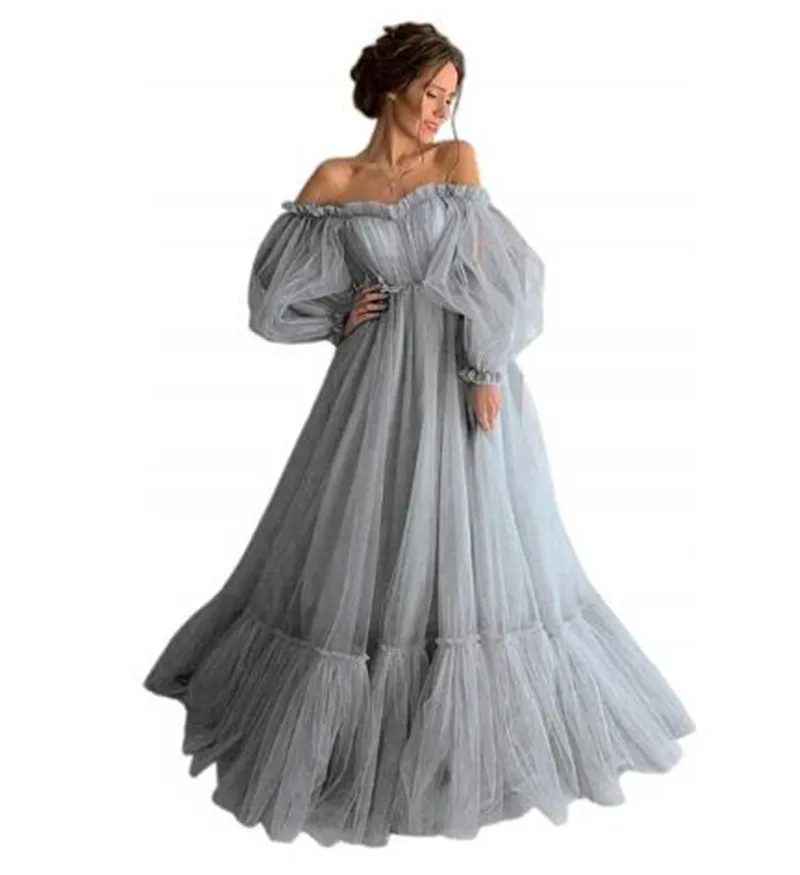 Gaun Prom Lengan Panjang Wanita Pakaian Putri Off Shoulder Tulle Pakaian Malam Gaun Ukuran Plus Formal