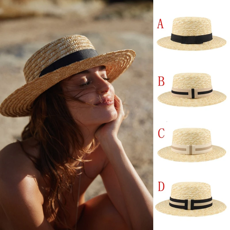 Men Women Straw Flat Top Boater Hats Wide Brim Sailor Caps Summer Sombrero Beach Sunhat Outdoor Sunbonnet Size US 7 1/4 UK L