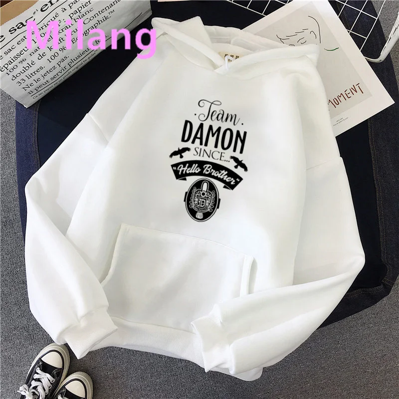 Pamiętniki wampirów bluzy damskie Harajuku dla kobiet swetry z kapturem Damon bluza modny nadruk Casual ladies Streetwear Hoody