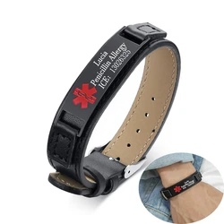 Personalized Leather Medical Alert ID Bracelets Men Women Free Custom DIABETES Allergy Emergency Remind Wristband Jewelry