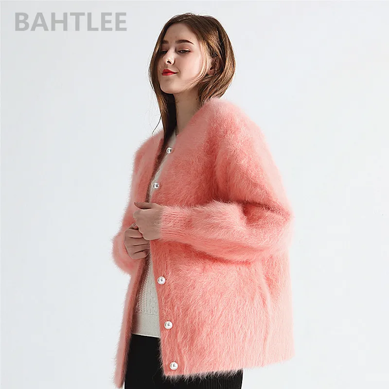 BAHTLEE-Women\'s Angora Cardigans, Wool Knitted Sweater, O-Neck, Pearl Button Pocket, Thick, Keep Warm, Winter