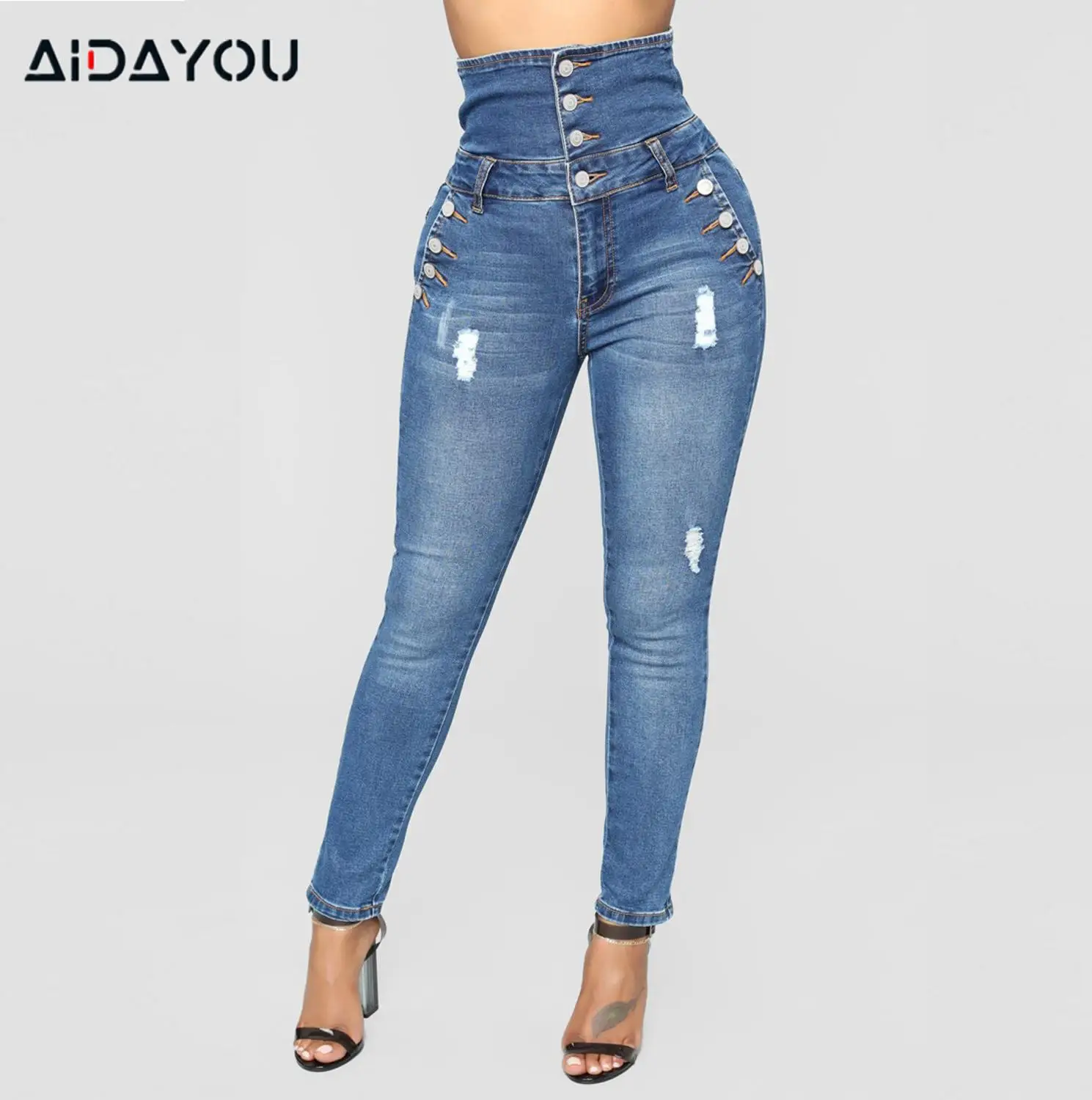 Button Fly Jeans Voor Vrouwen Met Hoge Taille Distressed Gescheurde Jeans Butt Lifting Stretch Denim Broek Push Up Curvy Ass Columbia