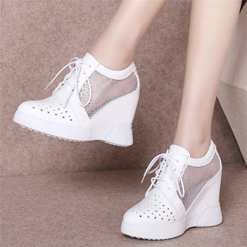 

Fashion Sneakers Women Lace Up Genuine Leather Wedges High Heel Vulcanized Shoes Female Summer Pointed Toe Platform Pumps Shoes