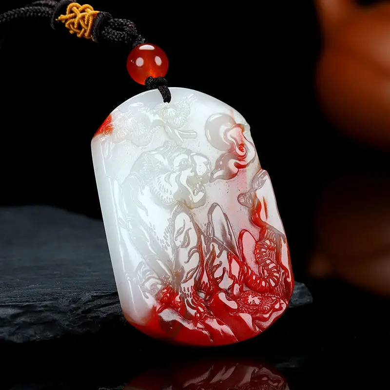 Natural Jade Chicken Blood Jade Zodiac Tiger Pendant Huhushengwei Transshipment Pendant Men's and Women's Sweater Chain