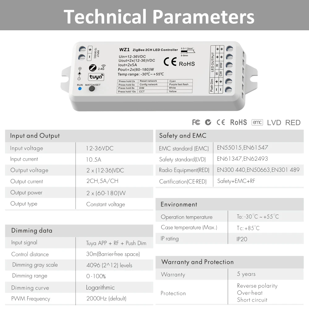 Tuya Zigbee Ściemniacz LED 12V 24V Wifi Smart Life 2.4G RF WW CW CCT LED Strip Dimmer Controller Współpracuje z Alexa Yandex Alice