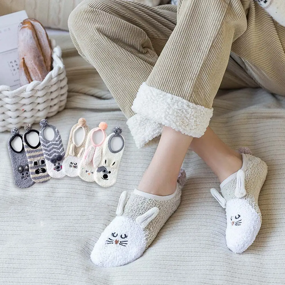 Cute Coral Fleece Floor Socks Cartoon Animal Women Winter Warm Boat Socks Silicone Home Non-slip Short Socks Female