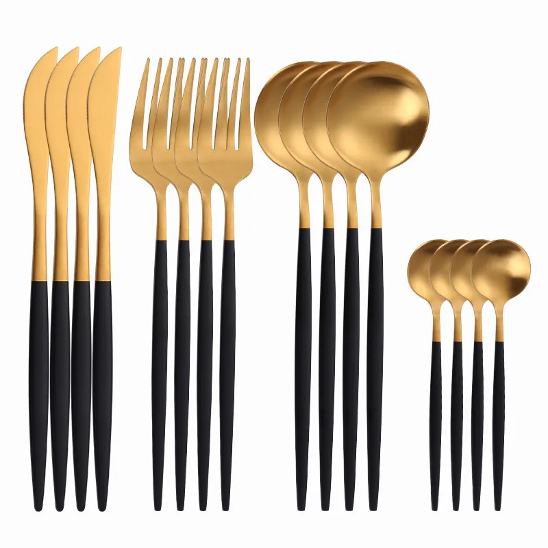 

Black Gold Cutlery Set Stainless Steel Tableware Fork Spoon Knife Set Dinnerware Set 16 Pieces Golden Knives Forks Spoons Matte