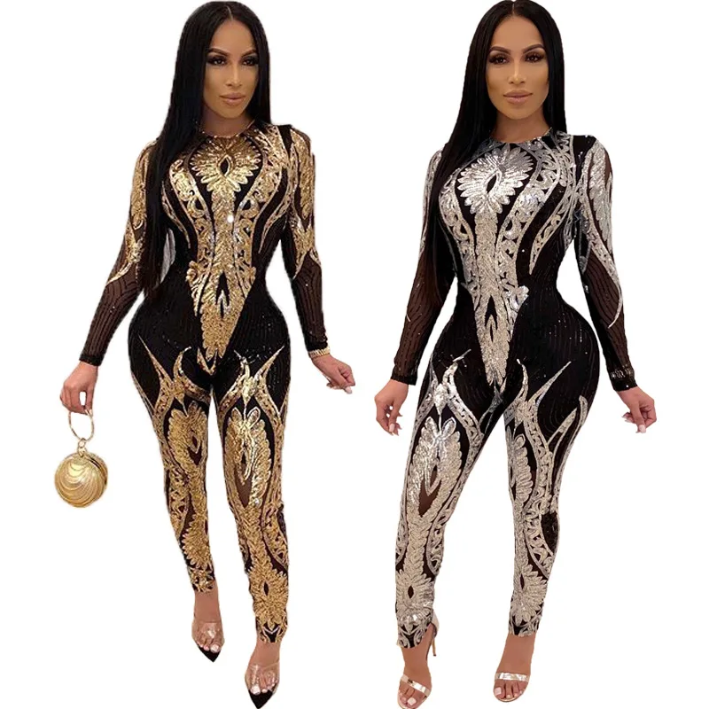 

Plus Size Gold Silver Sexy Sequin Bodycon Mesh Jumpsuit Women See Through Party Club Rompers Tight Jumpsuits Long Pants S-3XL