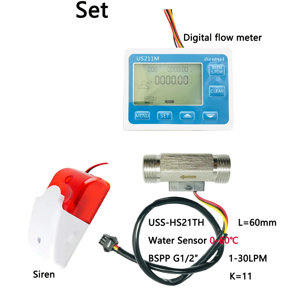 US211MA Pipe Water Suspend Alarming System & G1/2" USS-HS21TH Brass BSPP Flow Sensor Turbine Flowmeter iSentrol with Siren iSent