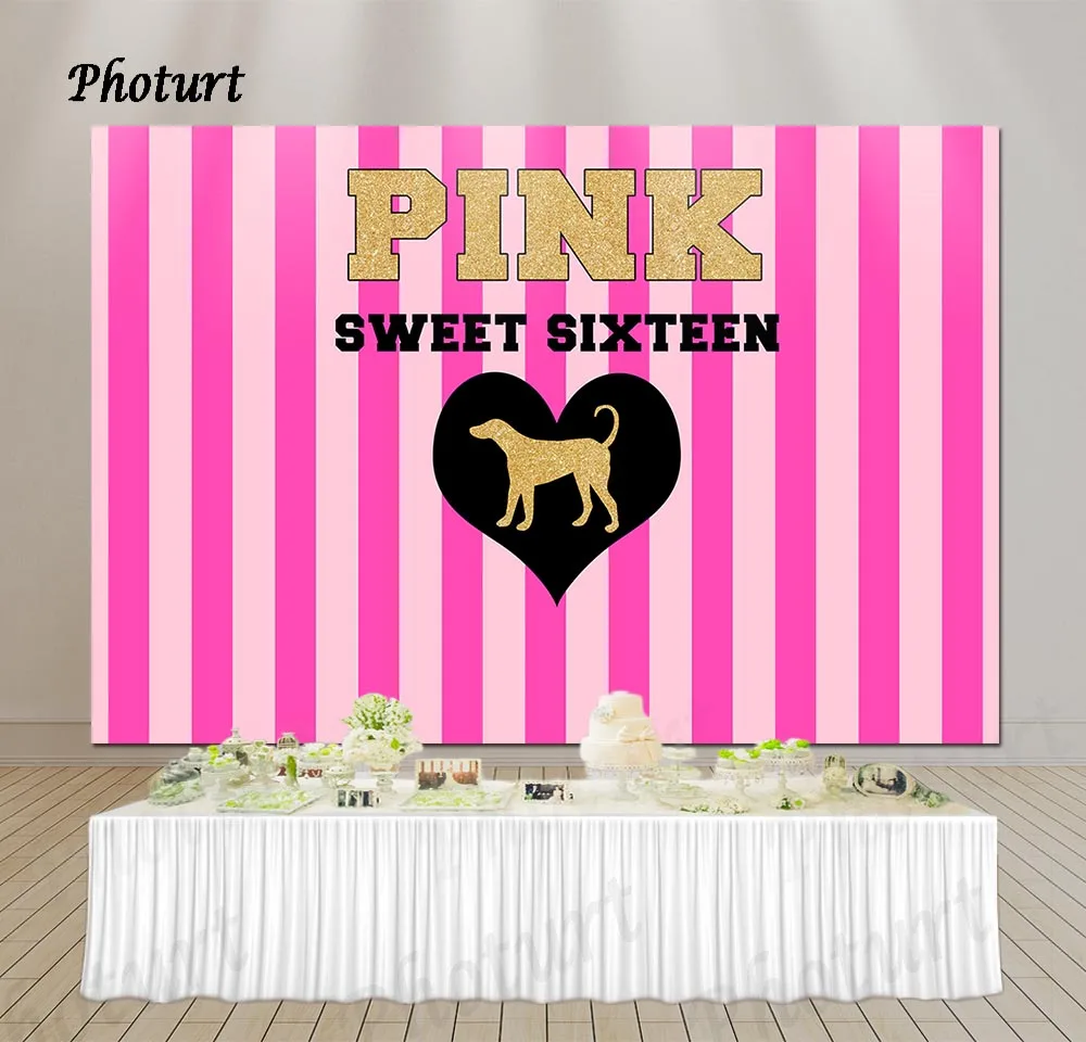 PHOTURT Sweet Sixteen Backdrop Girl Birthday Background Pink Stripes Golden Heart Polyester Vinyl Photography Decorate Props