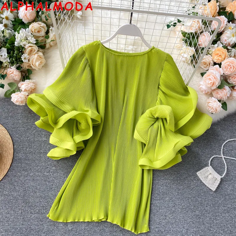 

ALPHALMODA 2021 Summer Ruffled Sleeve Pullovers Loose women Fashion Chiffon Top Solid Color Chic Summer Top