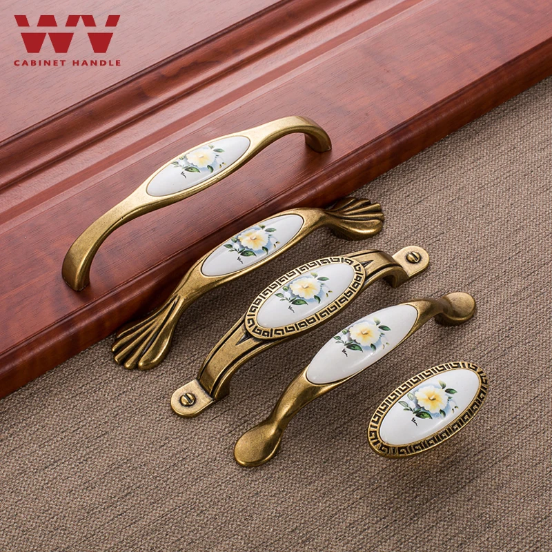 WV Green Flower Ceramic Cabinet Handles Classic European Kitchen Storage Dresser Wardrobe Single Hole Closet Door Pulls