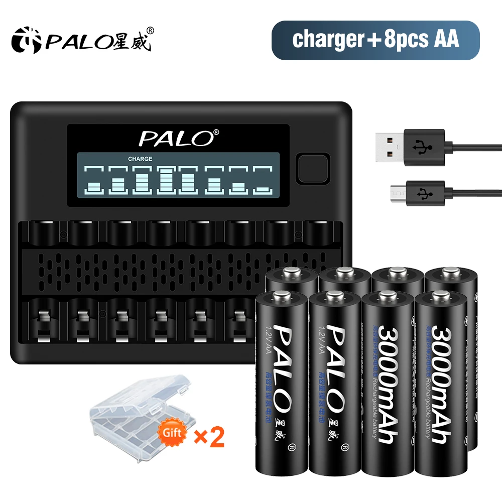 

PALO 1.2V AA Rechargeable Batteries 3000mAh 2A Ni-MH Ni MH AA Rechargeble Battery with 8 Slots 1.2V AA AAA Battery Charger