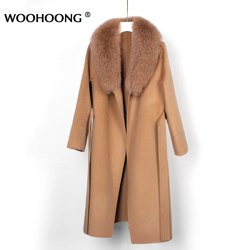 

Real Fur Coat Winter Jacket Women Natural Fox Fur Collar Winter Women's Long Removable Woolen Coat Genuine Belt Slim Fit