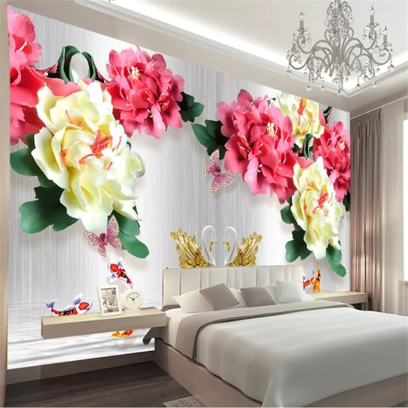 

mural Custom wallpaper papel de parede 3D embossed peony swan lake mural background wall wallpapers for living room tapety