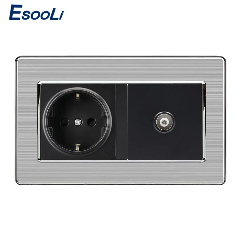 

Esooli 16A Russia Spain EU Standard Power Socket Grounded With Female TV Jack Stainless Steel Brushed Panel Wall Outlet