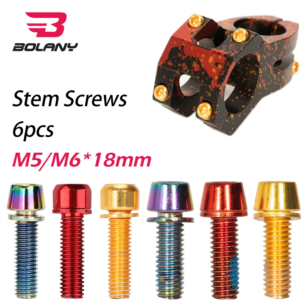 BOLANY 6pcs Bicycle Stem Colorful Screws M5/M6*18mm Handlebar Riser Bolts Colorful Ultralight MTB Road Bike Accessories