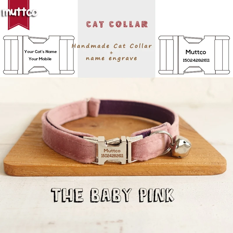 MUTTCO Retailing handmade engraved metal buckle cat collar THE BABY PINK pet products 2 sizes double cloth cat collar UCC080