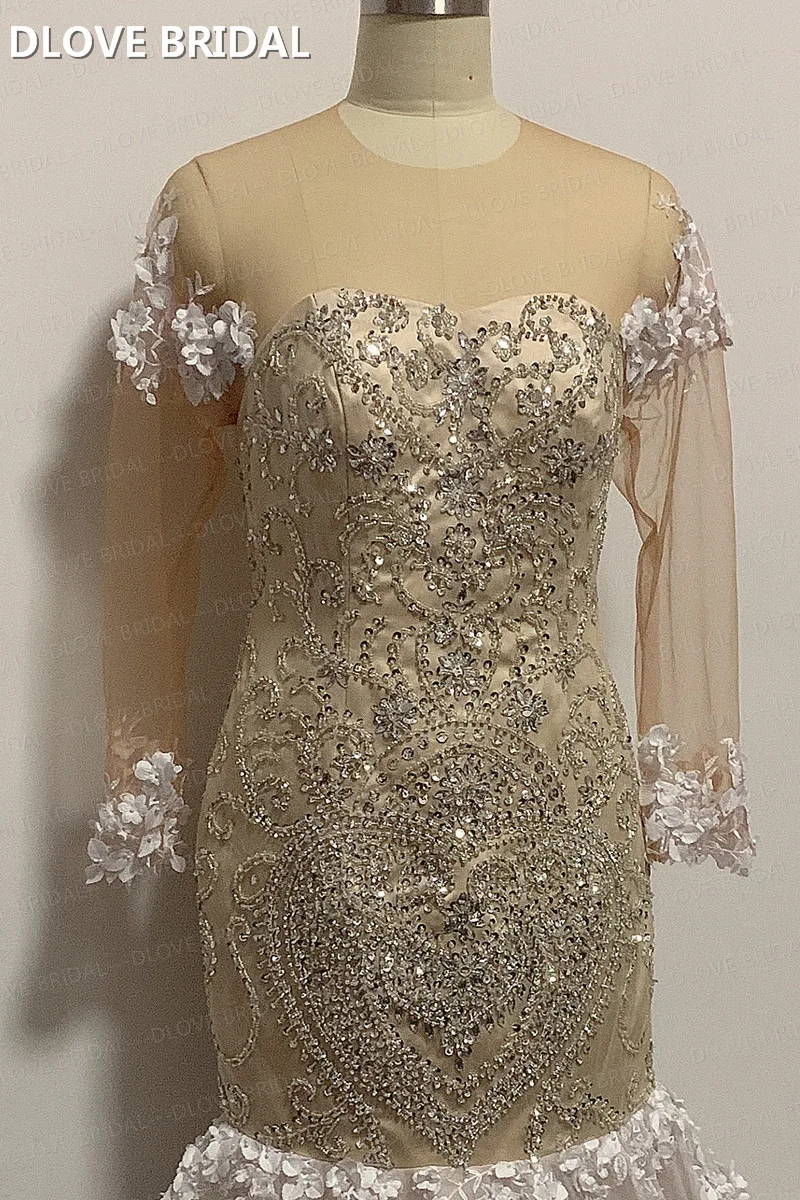 Abito da sposa in cristallo di lusso Illusion maniche lunghe abito da sposa a sirena con Appliques in pizzo fiore 3D abiti su misura in fabbrica