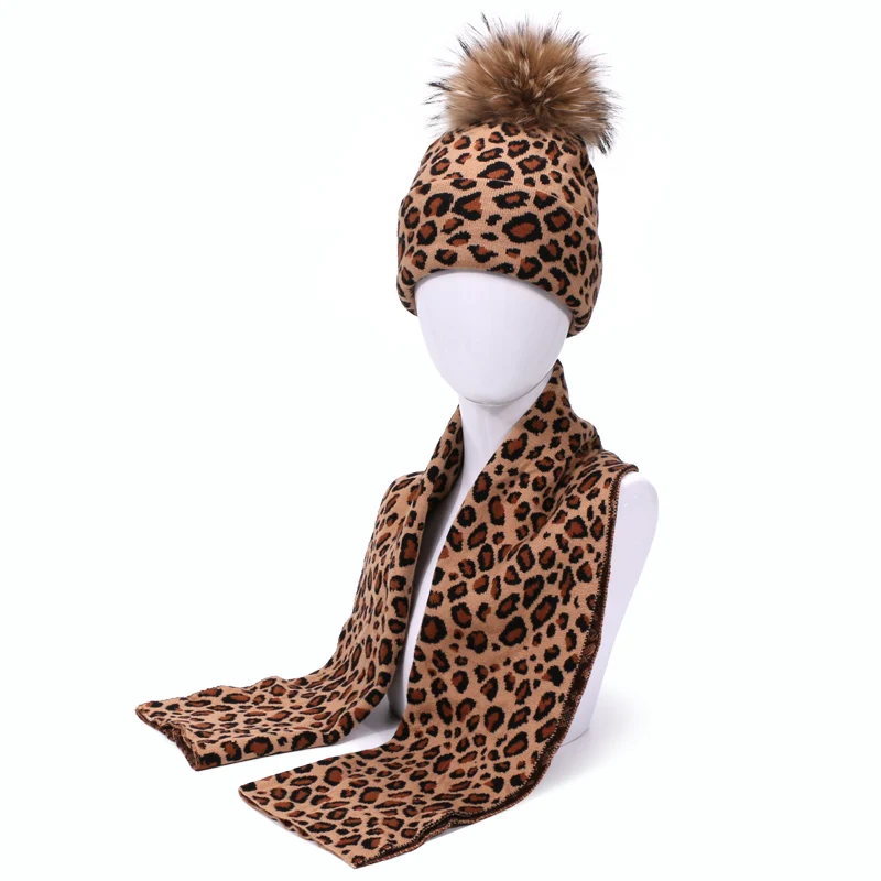 Leopard Print Unisex Hat And Scarf Set Autumn Winter Double Beanies Skullies Hats For Women Elasticity Warm Scarves Pom Pom Hat