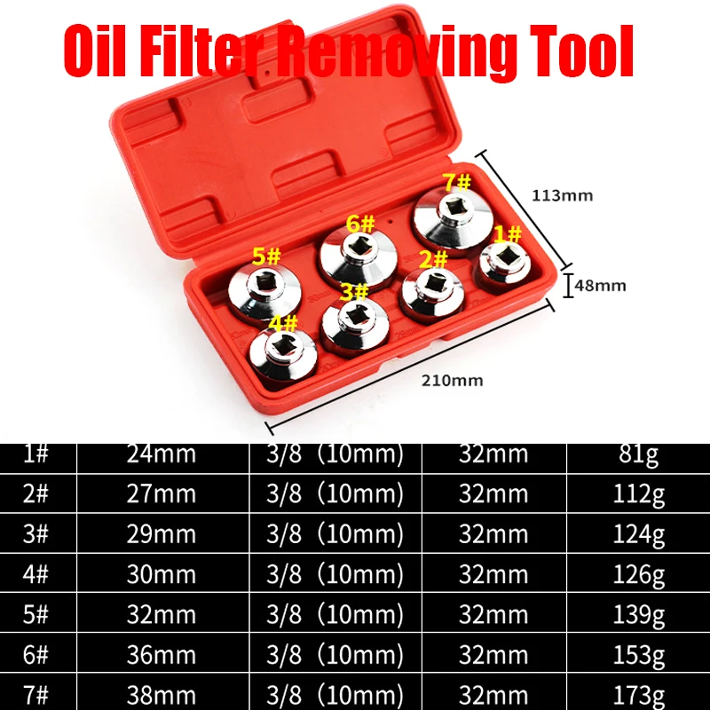 Oil Filter Cap Wrench Socket Set Tool Kit 7 Piece Metric 24 27 29 30 32 36 38mm 3/8