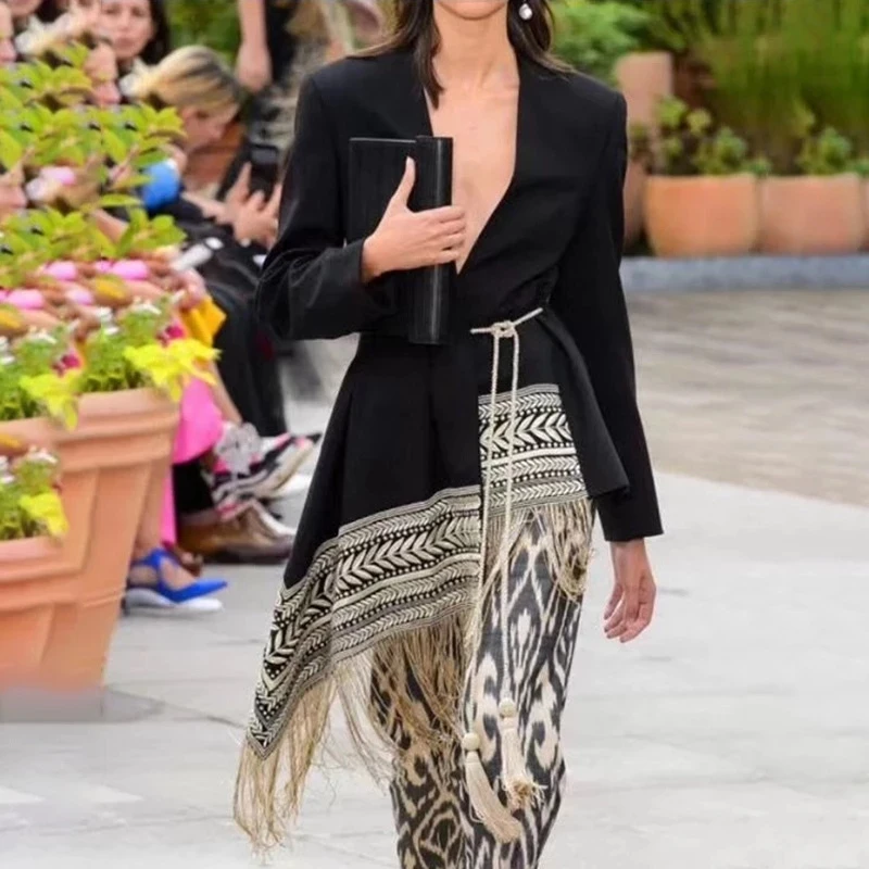 Fashion Embroidered Irregular Tassel Suits Coat Women Streetwear Trend Long Sleeve Casual Slim Blazers Outerwear