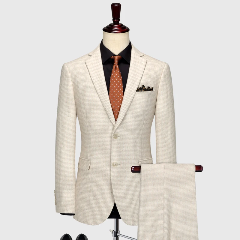 

60% Wool Light Brown Plaid Men Suits Set Blazer+Pant Wedding Groom Wear Autumn Winter Thicken Warm Clothing Plus Size 58