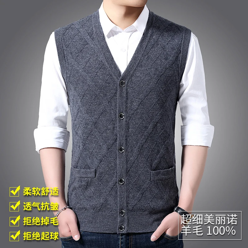 

100% Pure Wool Knitwear Man Plaid Cashmere Cardigan Vest Sleeveless Male Buttons Sweater