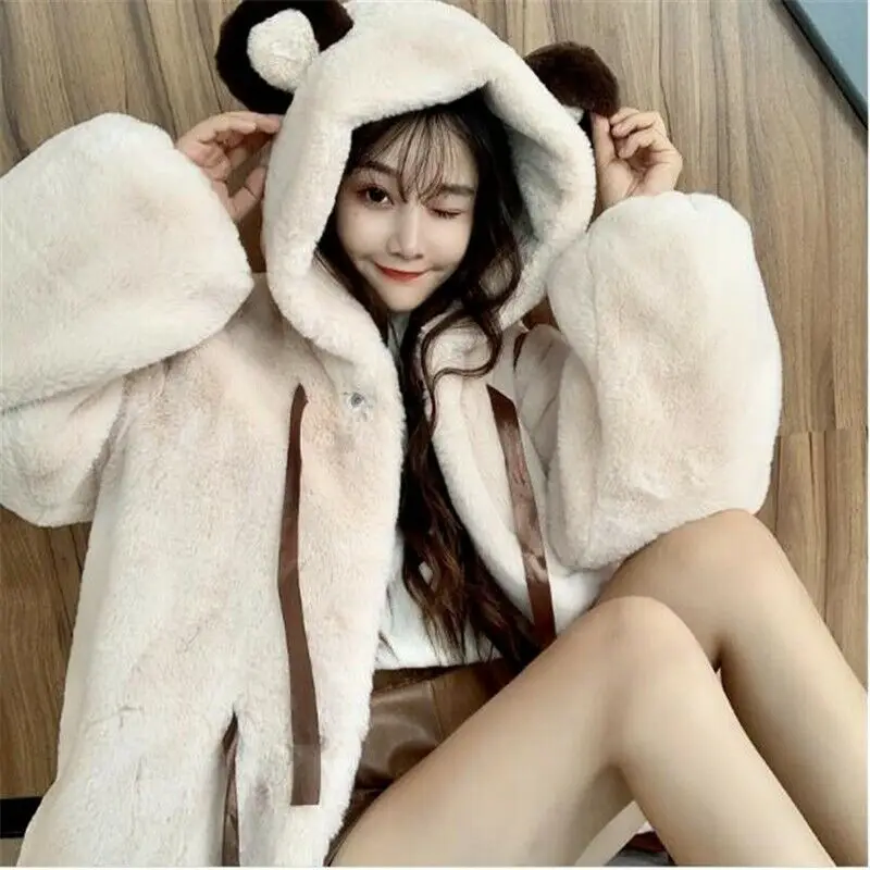 Women Winter Lamb Wool Hooded Sweatshirts Faux Fur Coat Jacket Kawaii Fluffy Hooded Tops Harajuku Outerwear Warm Pullovers