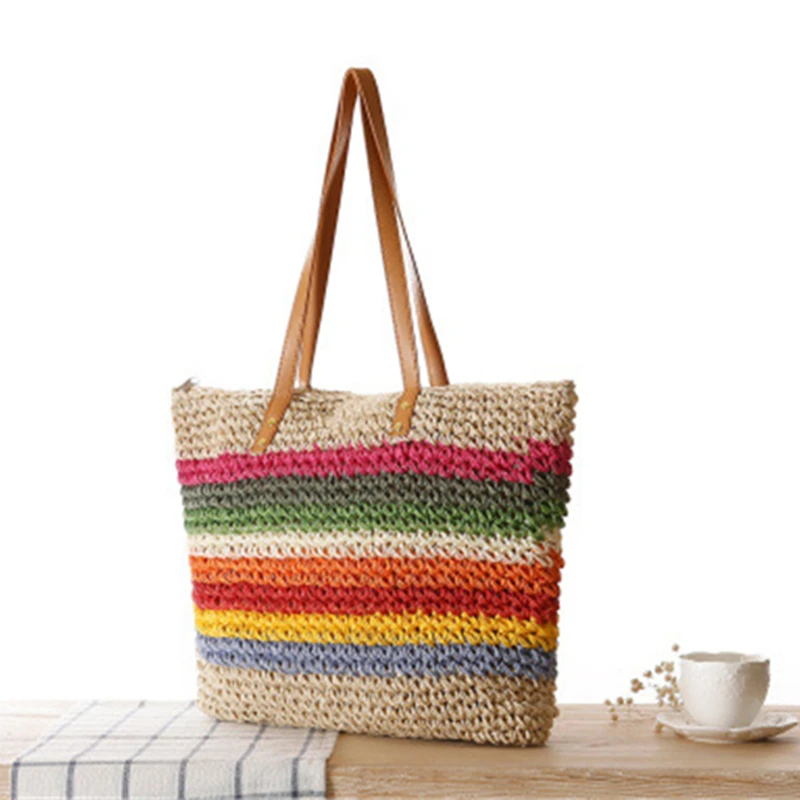 Summer New Rainbow Beach Bag for Women Contrast Striped One Shoulder Bag Casual Crochet Straw Bag IL00605