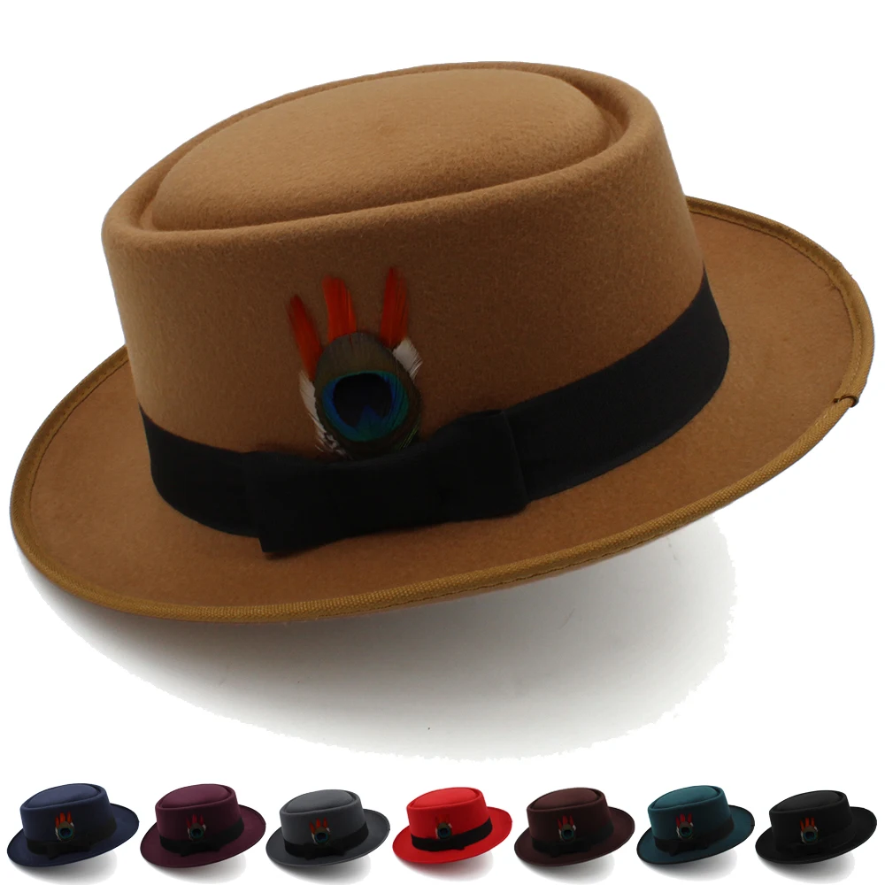 

Men Women Pork Pie Hats Fedora Caps Trilby Sunhat Classical Feather Band Retro Jazz Party Travel Street Style Size US 7 1/4 UK L