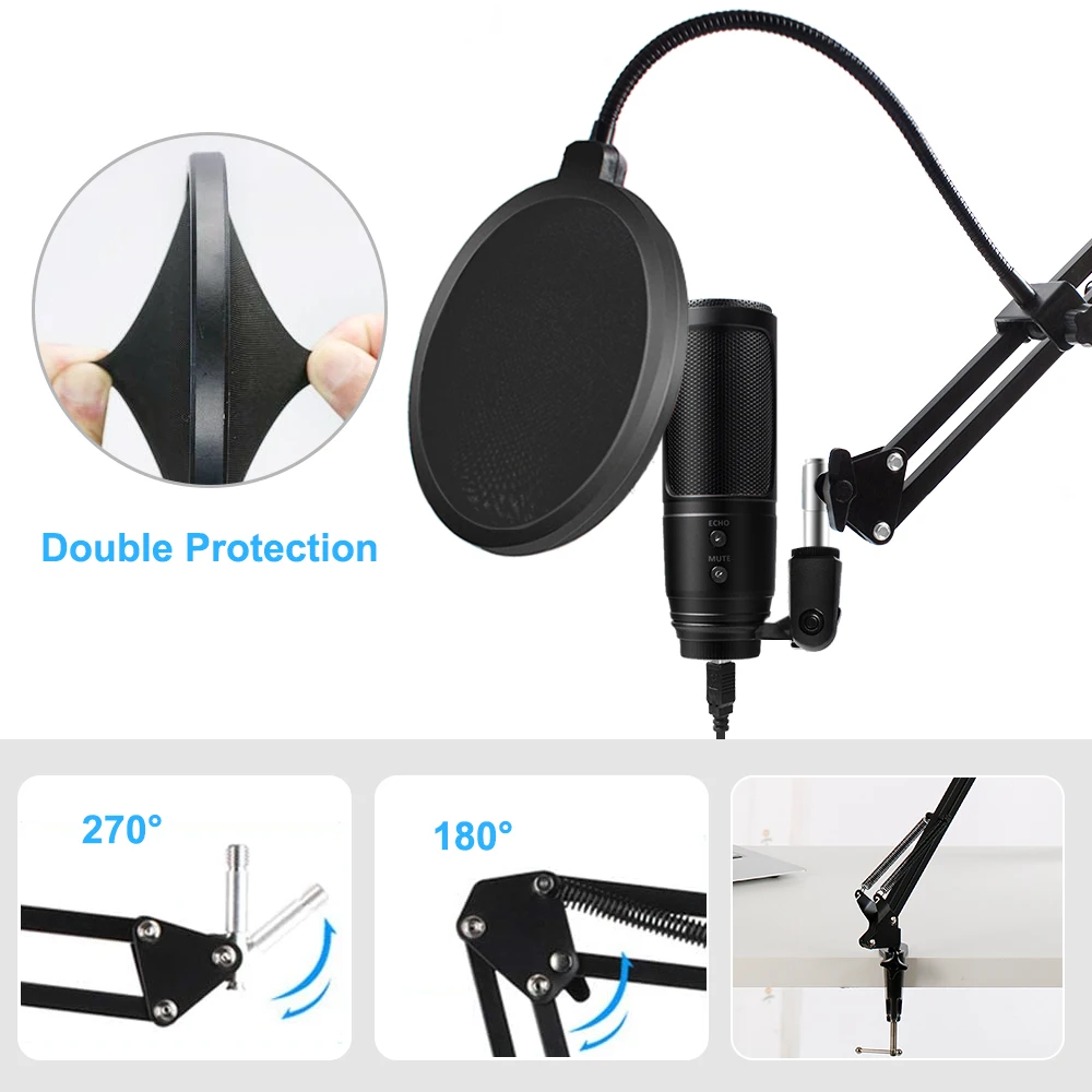  Professional PC Microphone with Noise Cancelling Mute Button USB Desktop Studio Condenser Mic for PS4 Gaming Recording YouTube