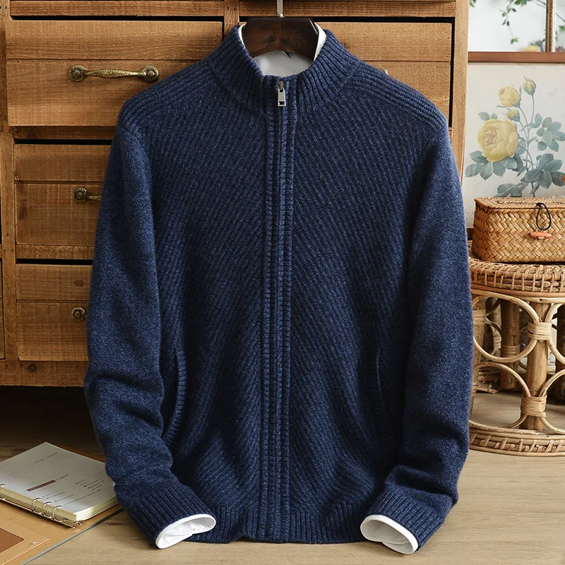 Winter new cardigan 100% pure cashmere sweater men\'s thick middle-aged jacquard high neck zipper sweater sweater coat casual