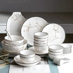 Black Border Ceramic Dishes and Plates Sets, Creative Marble Dinner Plate, Nordic Round Dessert Dishes, Household Tableware