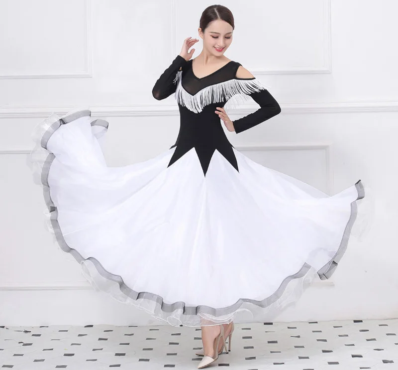 Tiêu Chuẩn Phòng Khiêu Vũ Điệu Nhảy Đầm 2023 Phụ Nữ Tango Flamenco Waltz Nhảy Múa Váy Nữ Cổ Chữ V Tua Rua Bóng Thi Đấu Áo