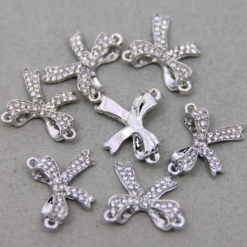 6pcs Handmade Rhineston Silver Plated Bow Alloy Connector For Fashion Bracelet Necklace DIY Metal jewelry Charm makings
